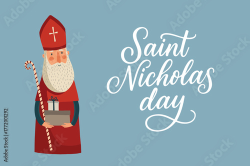 Cute Saint Nicholas, Sinterklaas character. Happy St Nicholas day greeting card, invitation with lettering text. Christmas St Nick old man bishop bringing gifts. Vector illustration banner