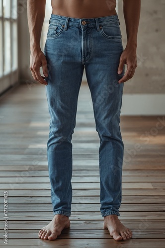 Barefoot man wearing jeans standing on wooden floor, natural light. Generative AI