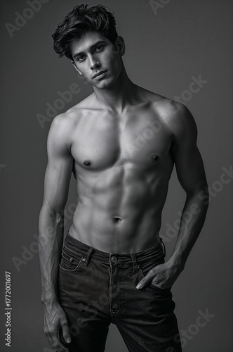 Athletic shirtless man in jeans, cinematic lighting. Generative AI