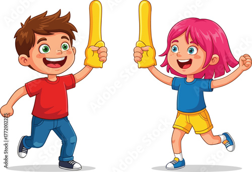 Cartoon boy and girl running with foam fingers, happy children cheering, playful kids illustration, sports fans, fun celebration, energetic teamwork.