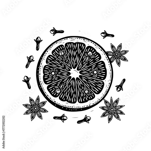 A black and white linocut style illustration of a citrus fruit slice surrounded by cloves and star anise spices.