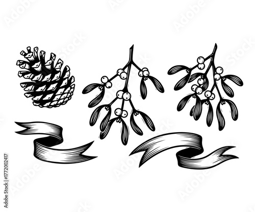 A set of vintage Christmas illustrations featuring a pinecone, mistletoe sprigs, and decorative ribbons in a black and white engraving style.