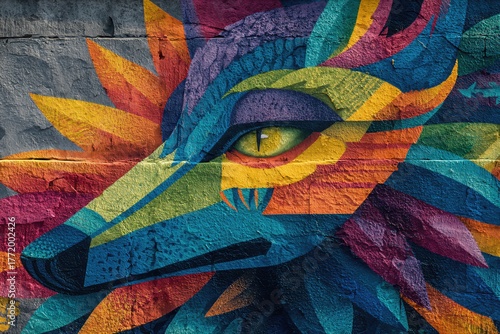 Colorful graffiti covering old brick building