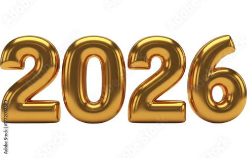 Golden metallic numbers 2026 on a transparent background PNG image, signifying new year and future prosperity