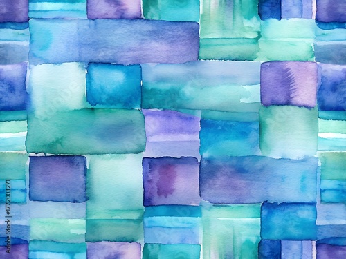 Hand-painted seamless watercolor pattern featuring cool rectangular and square brush strokes in shades of blue, teal, turquoise, aqua, and violet.