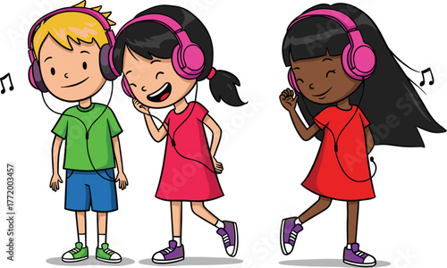 Cartoon children listening to music with headphones, happy boy and girls dancing together, fun entertainment, joyful activity, digital lifestyle, technology, audio.