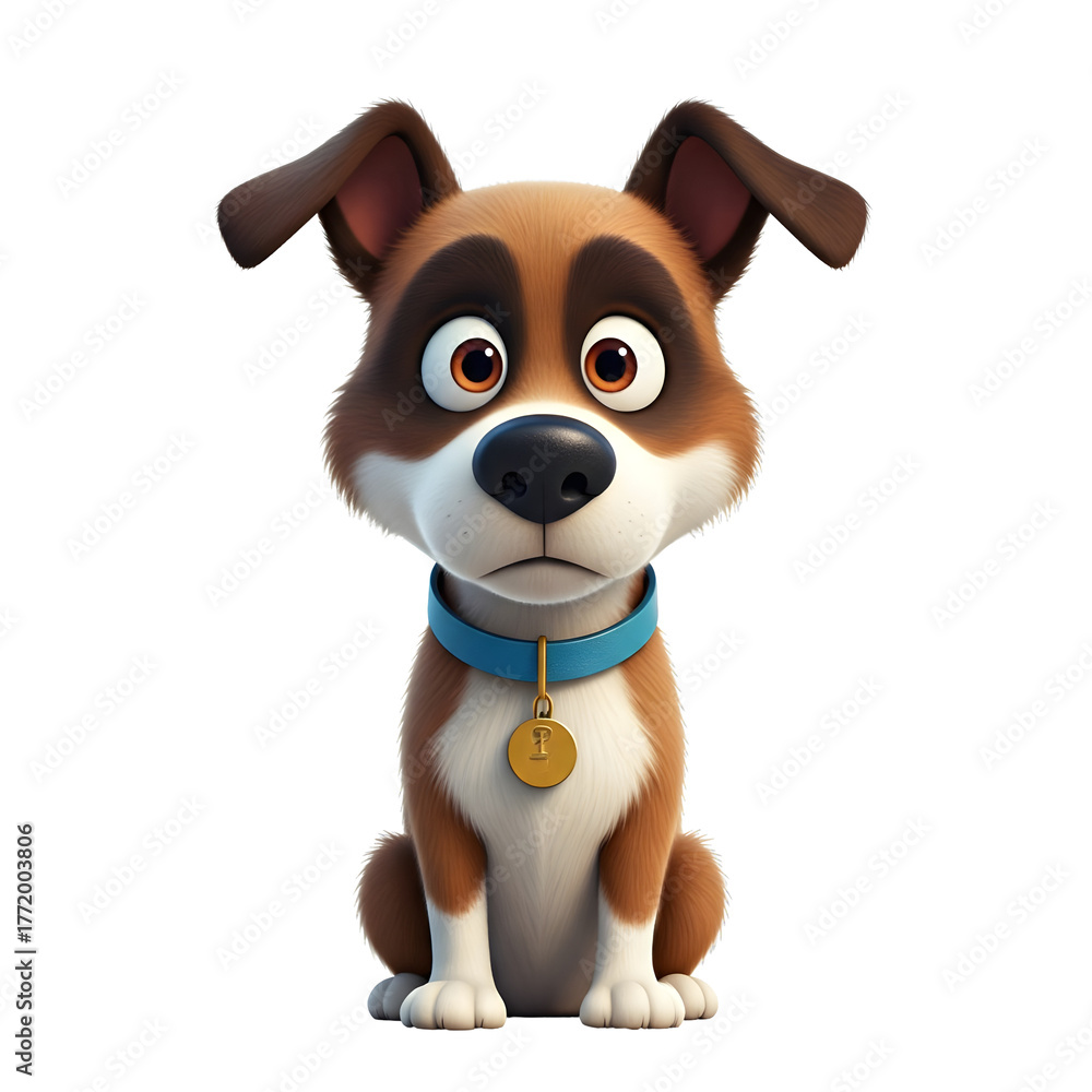 Fototapeta premium A cartoon dog with brown and white fur sits on a transparent background. It has large expressive eyes and wears a blue collar with a tag.