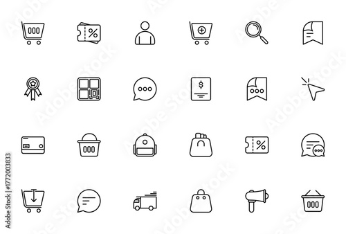 E Commerce icon set. Vector illustration. Includes sopping cart, voucher, profle, add to cart, search, cedit card, truck and more.Editable stroke.