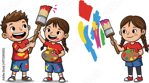 Cartoon children painting with brushes, kids creating colorful artwork, teamwork in art class, creativity, drawing activity, painting fun, artistic expression, learning.