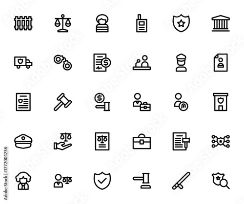 Law icon set. Vector illustration. Legal symbols colection including police, curt, judge, lawyer, gavel,handcuffs, jail, badge, an more. Editable stroke.