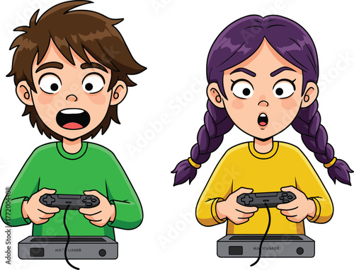 Cartoon children playing video games with controllers, competitive gaming, fun entertainment, kids focused on console, technology activity, leisure, lifestyle illustration.