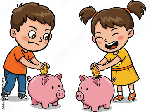 Cartoon children saving money with piggy banks, happy boy and girl putting coins, finance education, kids learning savings, investment, future planning.