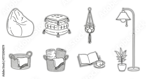 Cozy interior decor beanbag chair cushions and plant in macrame creating a comfortable living space perfect for home decor and lifestyle blogs.