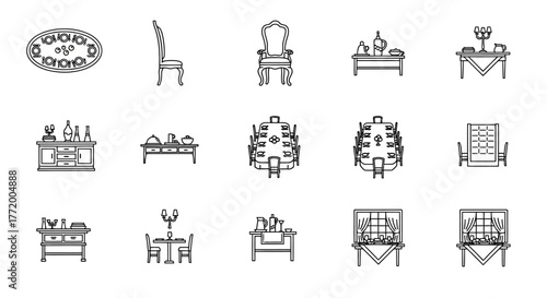 dining room furniture classic interior design offering elegant chairs tables and serving in detailed line art for architectural design projects.