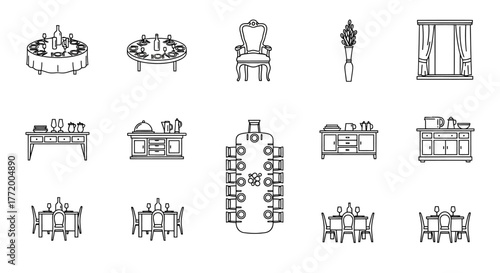 dining room furniture vector line art of tables chairs  decor showcasing room arrangement options for interior design planning  furniture catalogs