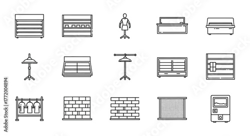 display fixture icons store equipment line drawings for commercial interiors representing retail design showcasing shop fitting  merchandising solutions