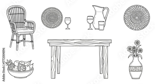 dining table arrangement rustic wood table setting with fruit bowl wicker chair vase creating an inviting cozy indoor atmosphere perfect for home decor blogs