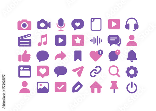 Pink and purple flat social media and communication icons set