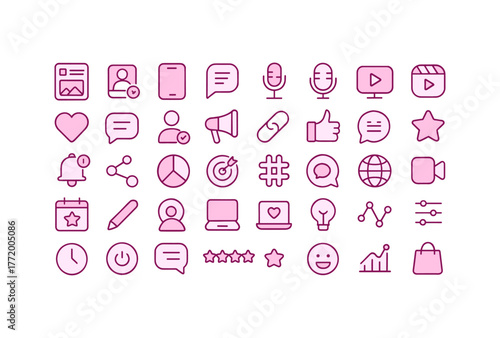 Minimalist pink outline icons for social media, communication, and technology