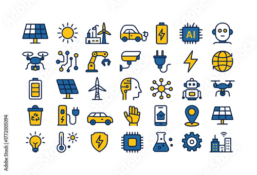 Sustainable energy and technology icon set in yellow and blue linear style