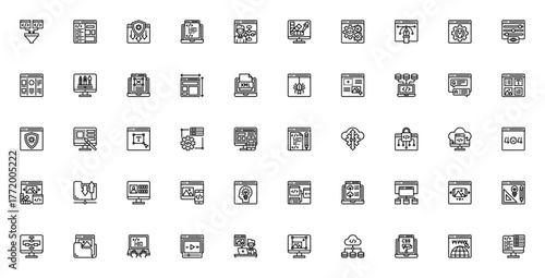 Web design icon set. Vector illustration pack. Inclues symbols for programming antivirus, coding, graphi design, configuration, daabase, cloud service and mre.