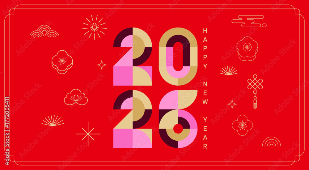 Fototapeta premium Minimalist geometric Happy Chinese New Year 2026 template