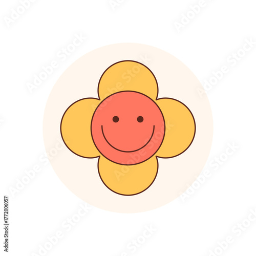 Groovy retro flower sticker with happy smile sits on yellow and pink circle. Cute symbol forms a seal or lid for any package in playful y2k style, bringing fun and positive accent.
