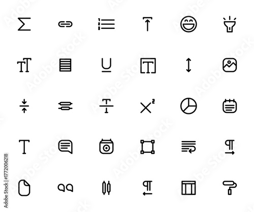 Editor icon set. Minimal vector icons pack. Includessymbols for sigma, link, uload, emoticon, table, chat, text tool, calendar, shpe, file and more. Editabl stroke.