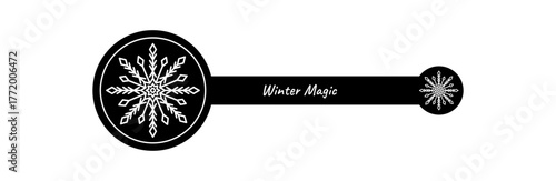 Winter snowflake label in a black outline circle creates a seal for package or box lid. Ice ornament and christmas icon enhance the cool seasonal mood for holiday or festive delivery.
