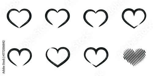 Brush Stroke Heart Set — 8 Hand-Drawn Minimalist Hearts | Ink & Paint Stroke Heart Clipart for T-Shirts, Cards & Printables