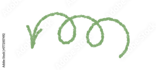 Hand drawn wavy arrow in green crayon sketch style. Swirl stroke creates a squiggle pointer element and unique icon. Modern art symbol, textured for abstract decor use.