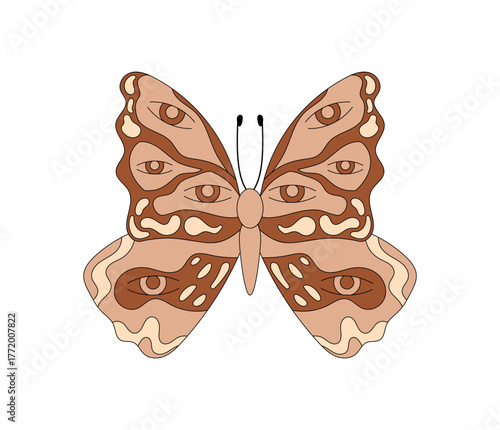 Groovy butterfly cartoon in psychedelic retro style with colorful eye details. Funky nature inspiration, eye as groovy element, cool graphic for playful projects and trendy visual concepts.