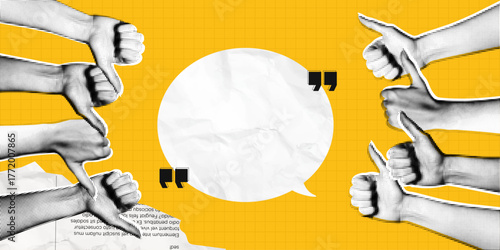 Trendy Halftone Collage Speech bubble messages and Hands with like and dislike gestures. Online feedback. Social media communication and discussion. Contemporary vector illustration art
