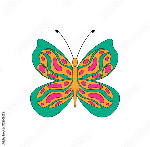 Groovy retro butterfly with funky psychedelic color style sticker. Colorful sticker shows orange patch and y2k graphic as a groovy element, perfect for creative sticker or trendy patch artwork.