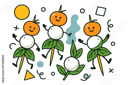 Colorful Caprese Skewers. Caprese Skewers. Colorful caprese skewers with cherry tomatoes, mozzarella, and basil leaves with floating abstract geometric shapes,