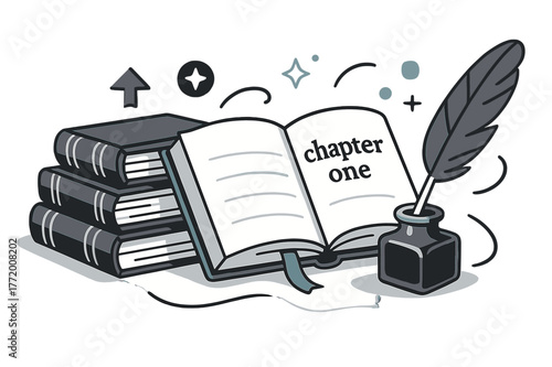 Antique Writer's Desk. Antique Books ? Writer?s Desk. Ink bottle, feather pen, and open ledger with soft shadows. A subtle note reads ?chapter one?. Modern