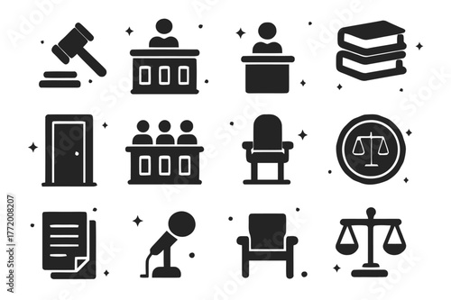 Courtroom Icons Collection. Courtrooms and legal systems. Solid icons set of courtrooms and legal systems: courtroom gavel, judge's bench, witness stand, legal