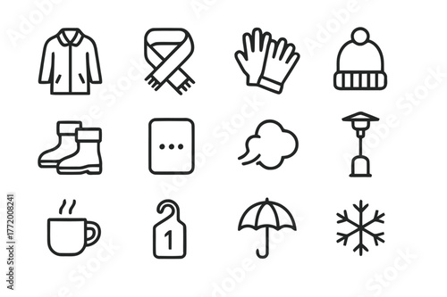 Winter Night Essentials. Winter Night Out. Line icon set of Winter Night Out: coat, scarf, gloves, beanie hat, warm boots, hand warmer, breath cloud, patio