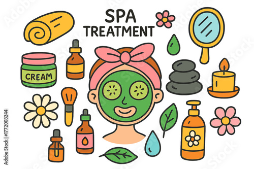 Colorful Spa Elements. spa treatment. Colorful Hand-drawn doodle Children illustration spa treatment face mask, cucumber slices, headband, towel, cream jar,