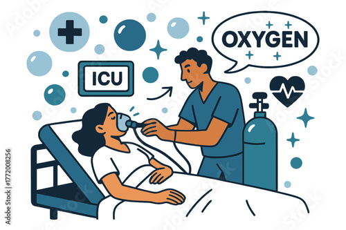 ICU Oxygen Supply. Oxygen. Oxygen supply in hospital ICU with abstract floating bubbles, icons, and sparkles; emphasizes healthcare, life-support, and safety.