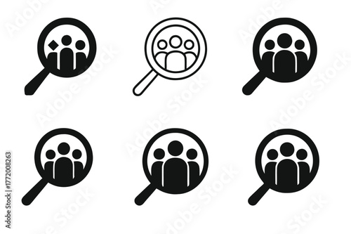 Inclusive Hiring Logos. Inclusive hiring. Set Logo of Inclusive hiring: magnifying glass over diverse figures. harmonious logo variations of the same