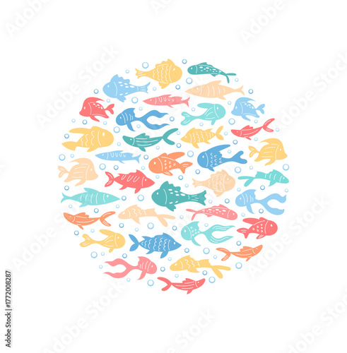 Underwater circle with marine fish in vibrant cartoon graphic style. Round group of aquatic life swims in seamless ocean background. Creative design concept for marine visuals.
