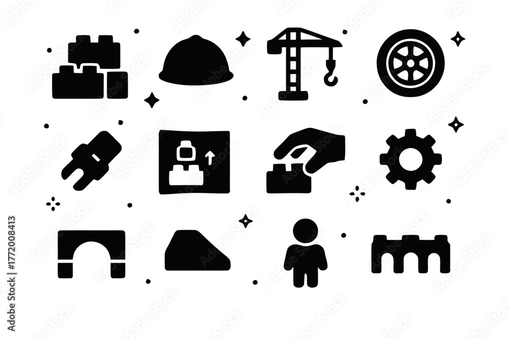 Fototapeta premium LEGO Construction Icons. LEGO Construction Play. Solid icons set of LEGO Construction Play: stacked bricks, builder hat, crane arm, wheel, connector peg,