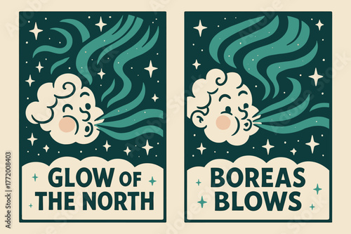 Aurora Night Banners. Aurora Night. Two vertical A6 banners with safe margins, centered composition, no elements touching edges, cartoon, teal and cream,