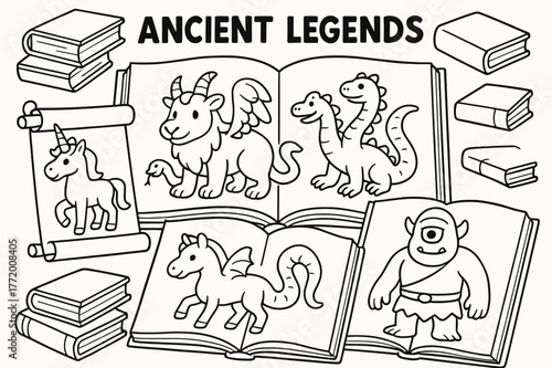 Mythical Creatures Coloring. Ancient legends learning page children?s coloring book illustration, outlined drawing, scrolls and books open to pictures of a