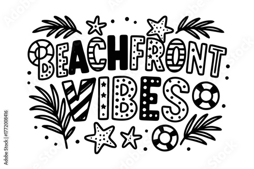 Beachfront Decorative Lettering. Beachfront Vibes ? playful decorative display lettering; patterned letters (dots/stripes/stars), gently arched word-shape;