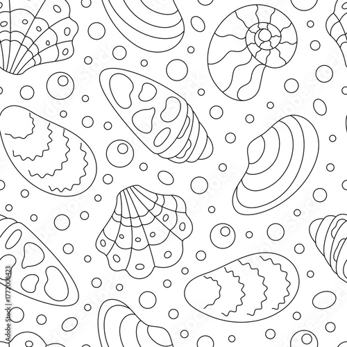 Seamless outline underwater pattern with aquatic seashell shapes. Marine scallop and shellfish design inspired by ocean life. Abstract mollusk background with clean texture, ideal for creative