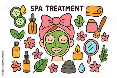 Colorful Spa Elements. spa treatment. Colorful Hand-drawn doodle Children illustration spa treatment face mask, cucumber slices, headband, towel, cream jar,