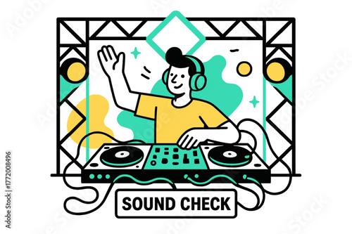 Festival DJ Turntable. DJ turntable ? Festival stage setup. Cables snake across a glowing console; geometric lights frame the booth. A label reads ?SOUND