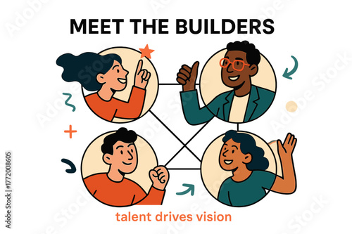 Meet the Builders. Pitch Deck ? Team Introduction. Portrait circles line up under a heading ?Meet the Builders?; connecting lines form a collaborative network.